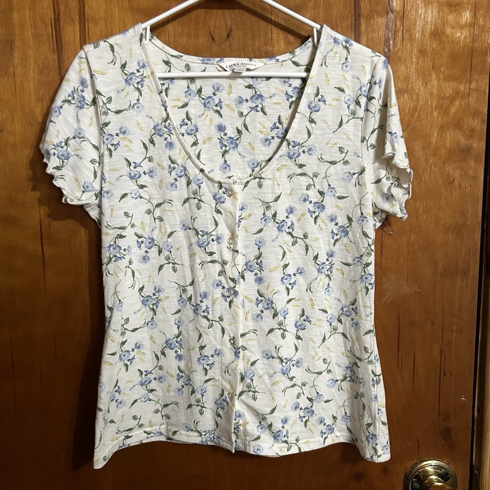 Laura Ashley Floral Blouse Large Cream Shirt, Blue Flower Cottagecore SOFT
